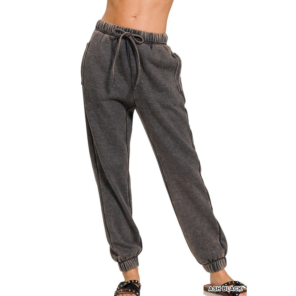 Zenana-Acid wash fleece sweatpants with pockets